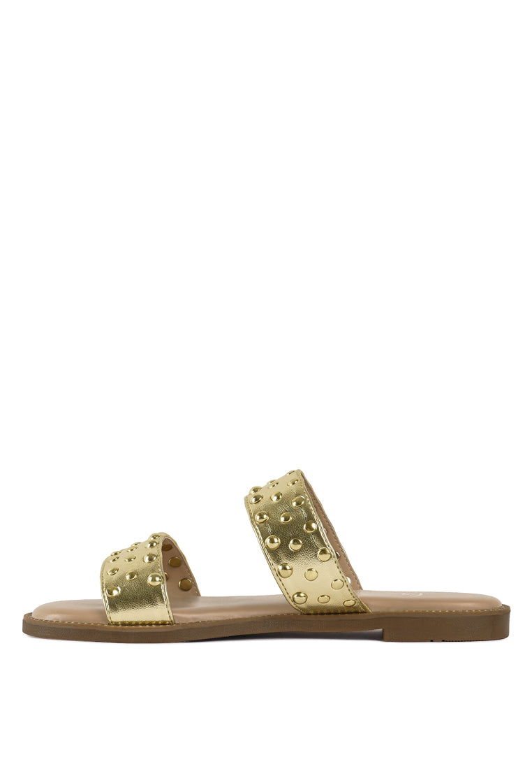 Women Studded Metallic Faux Leather Slip Ons