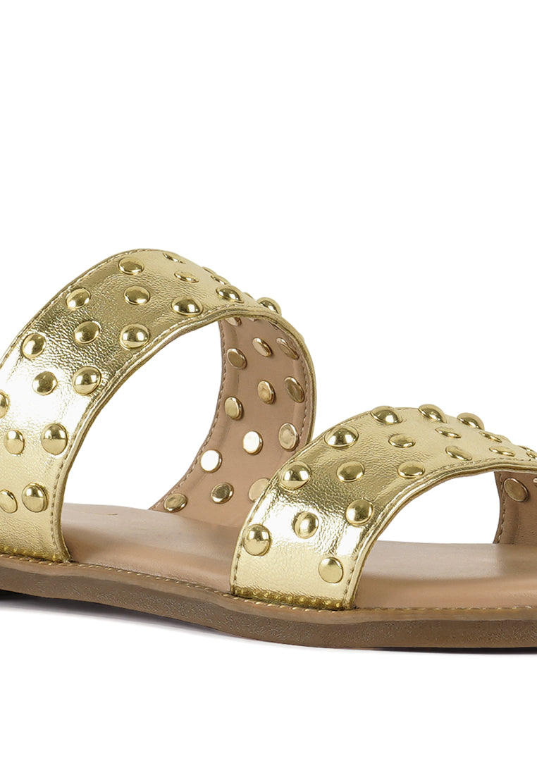 Women Studded Metallic Faux Leather Slip Ons