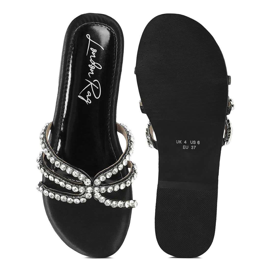 dimante strap flat sandals#color_black