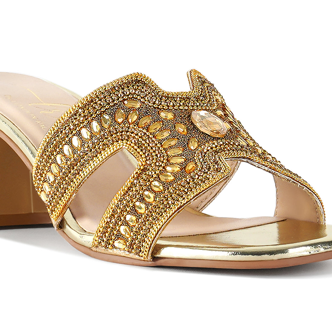 women embellished block heels#color_gold
