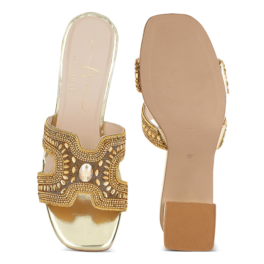 women embellished block heels#color_gold