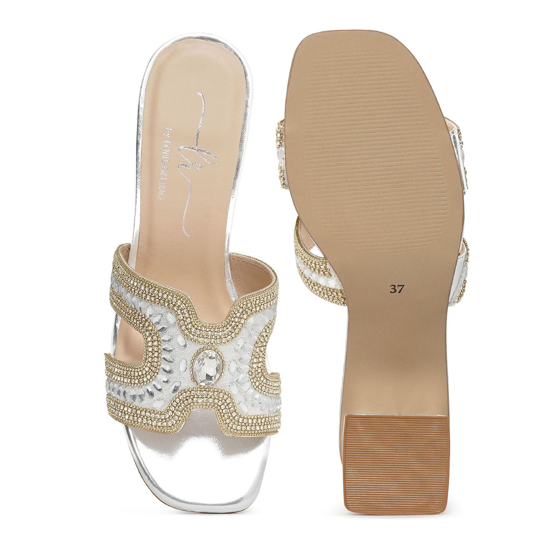 women embellished block heels#color_silver