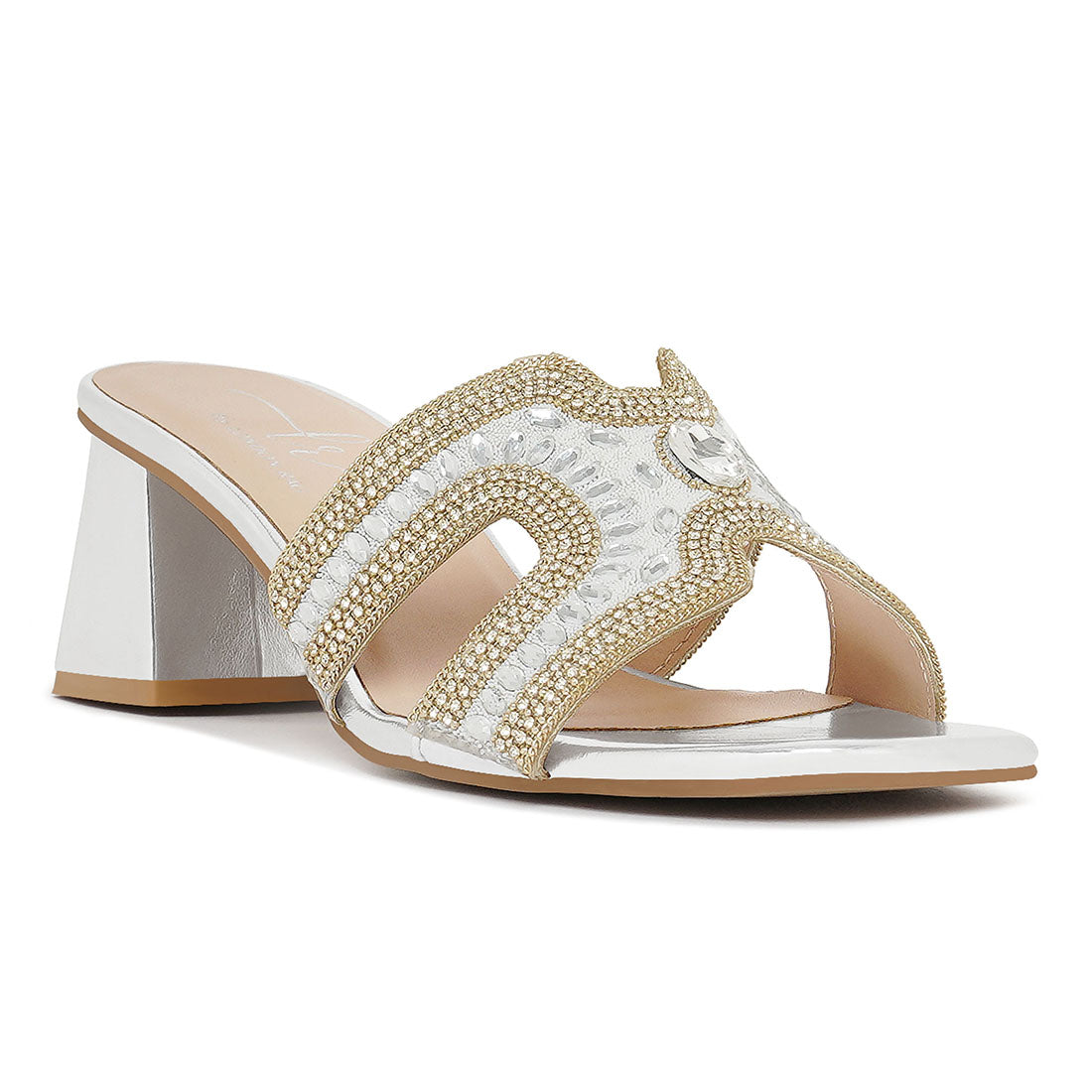 women embellished block heels#color_silver