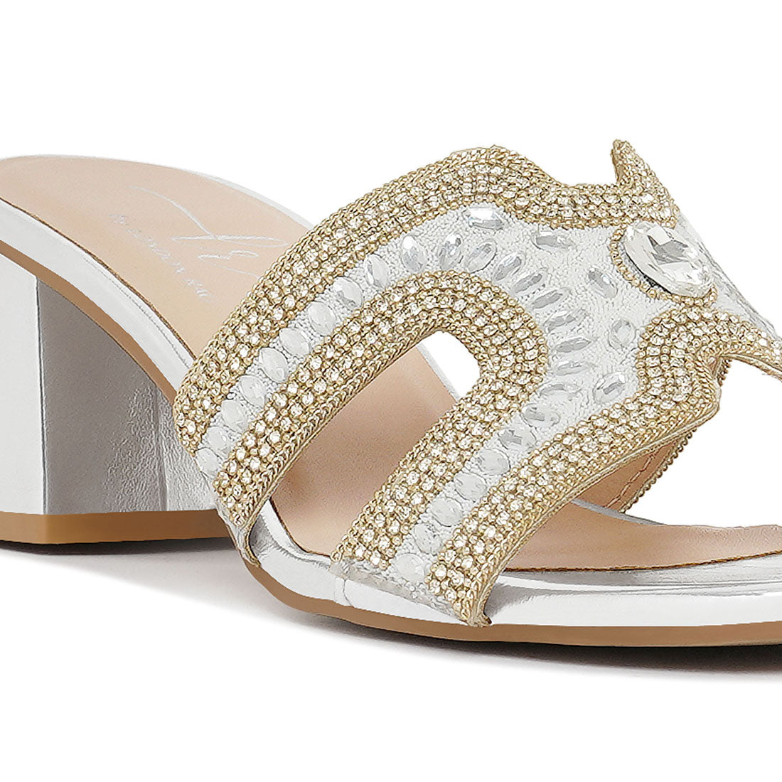 women embellished block heels#color_silver