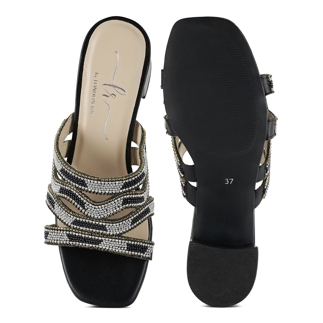 women rhinestones & bead embellished block heels#color_black