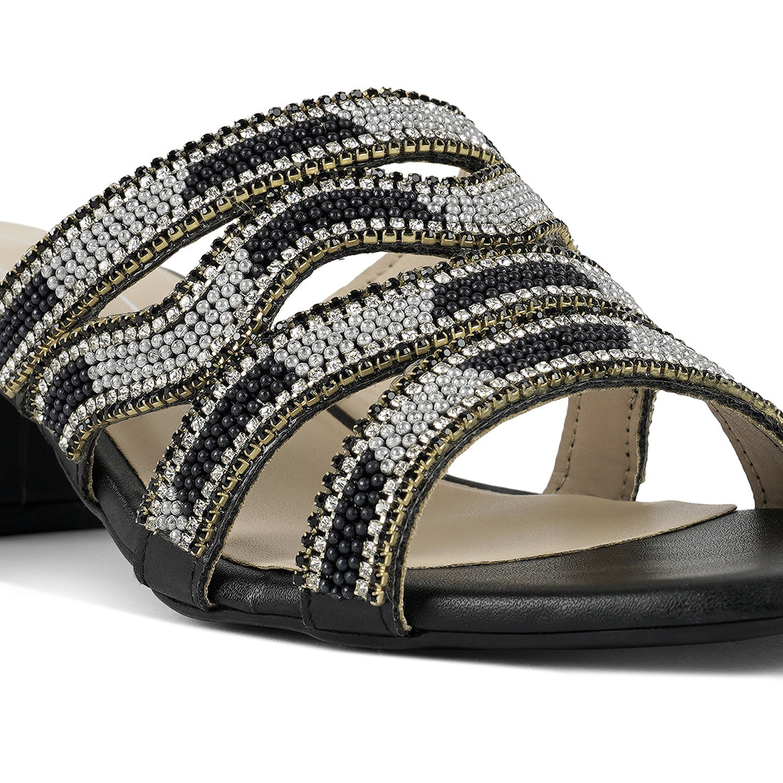 women rhinestones & bead embellished block heels#color_black