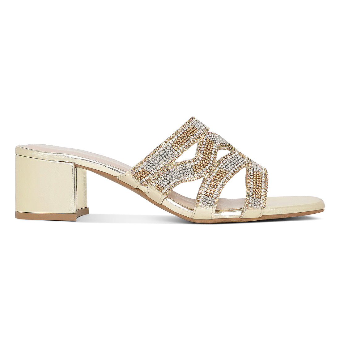 women rhinestones & bead embellished block heels#color_light-gold