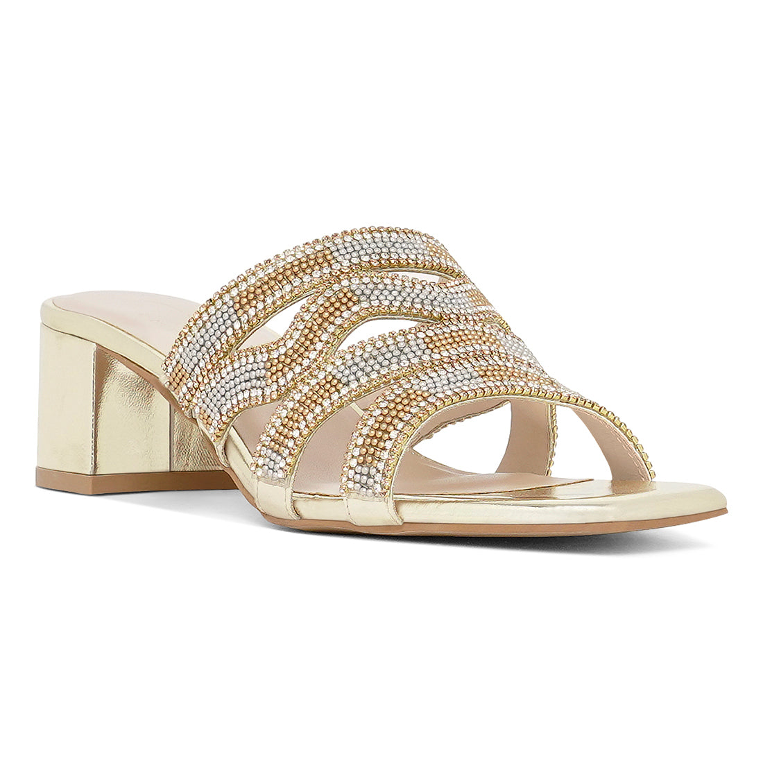 women rhinestones & bead embellished block heels#color_light-gold