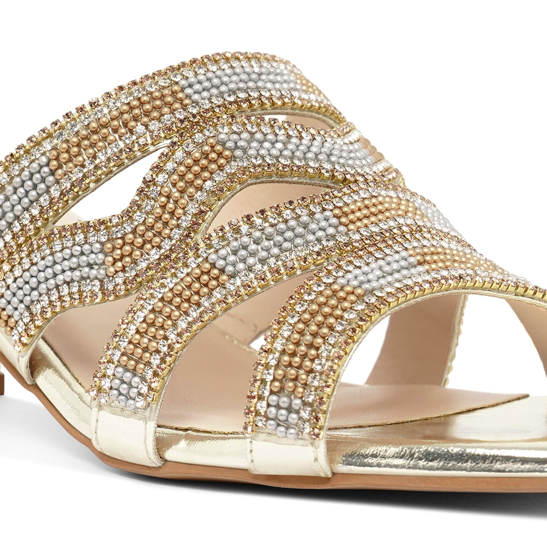 women rhinestones & bead embellished block heels#color_light-gold