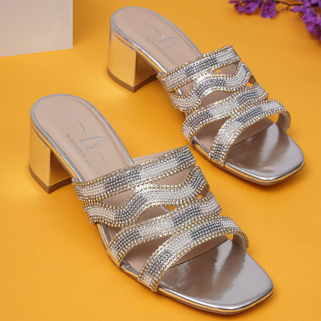 Women Rhinestones & Bead Embellished Block Heels