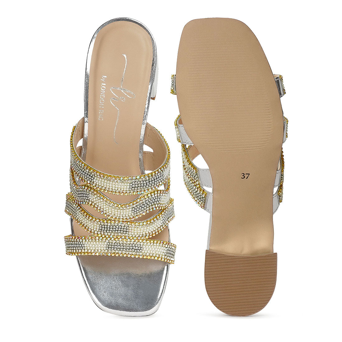 women rhinestones & bead embellished block heels#color_silver