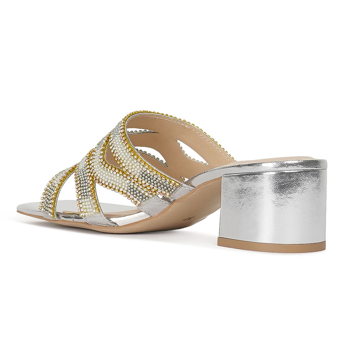 women rhinestones & bead embellished block heels#color_silver