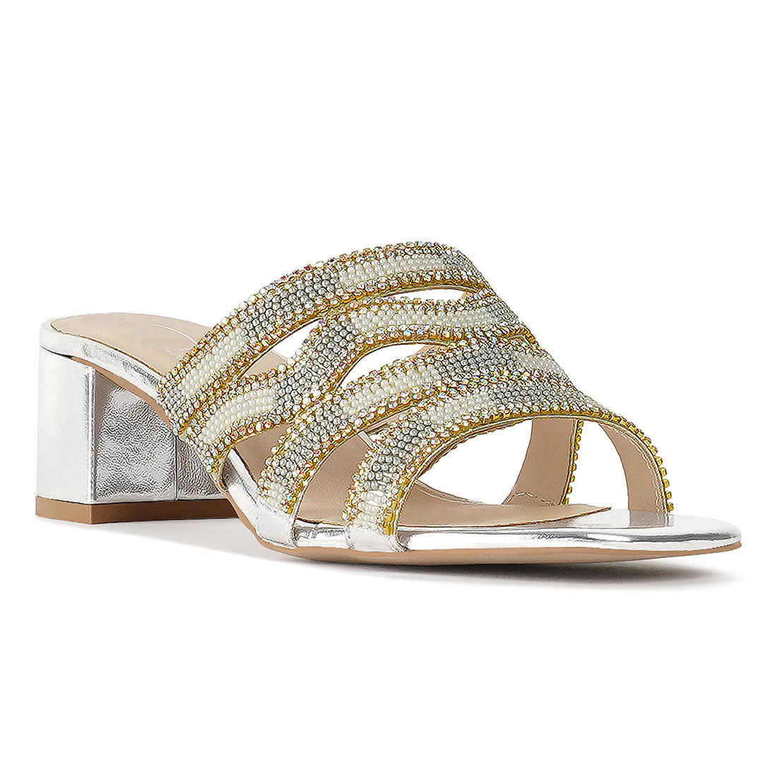 women rhinestones & bead embellished block heels#color_silver