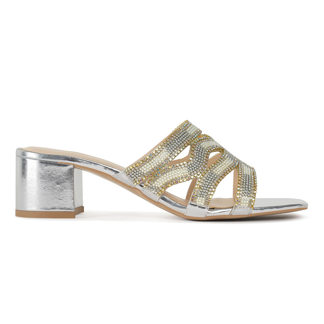 women rhinestones & bead embellished block heels#color_silver