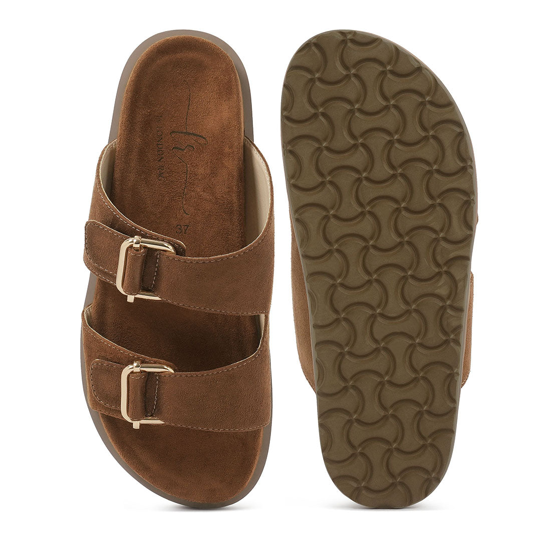 women microfiber buckle detail sandals#color_tan