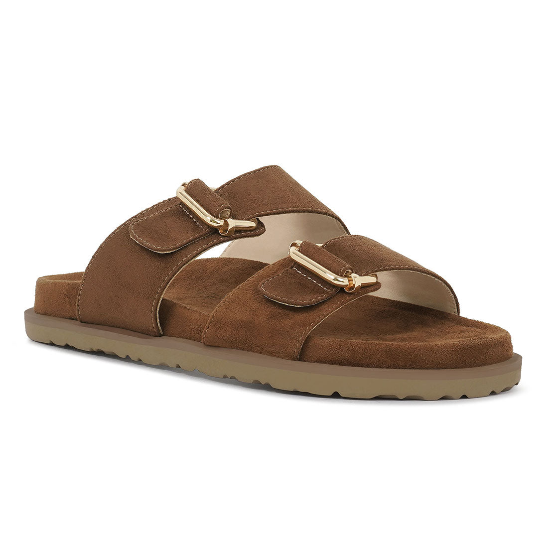 women microfiber buckle detail sandals#color_tan