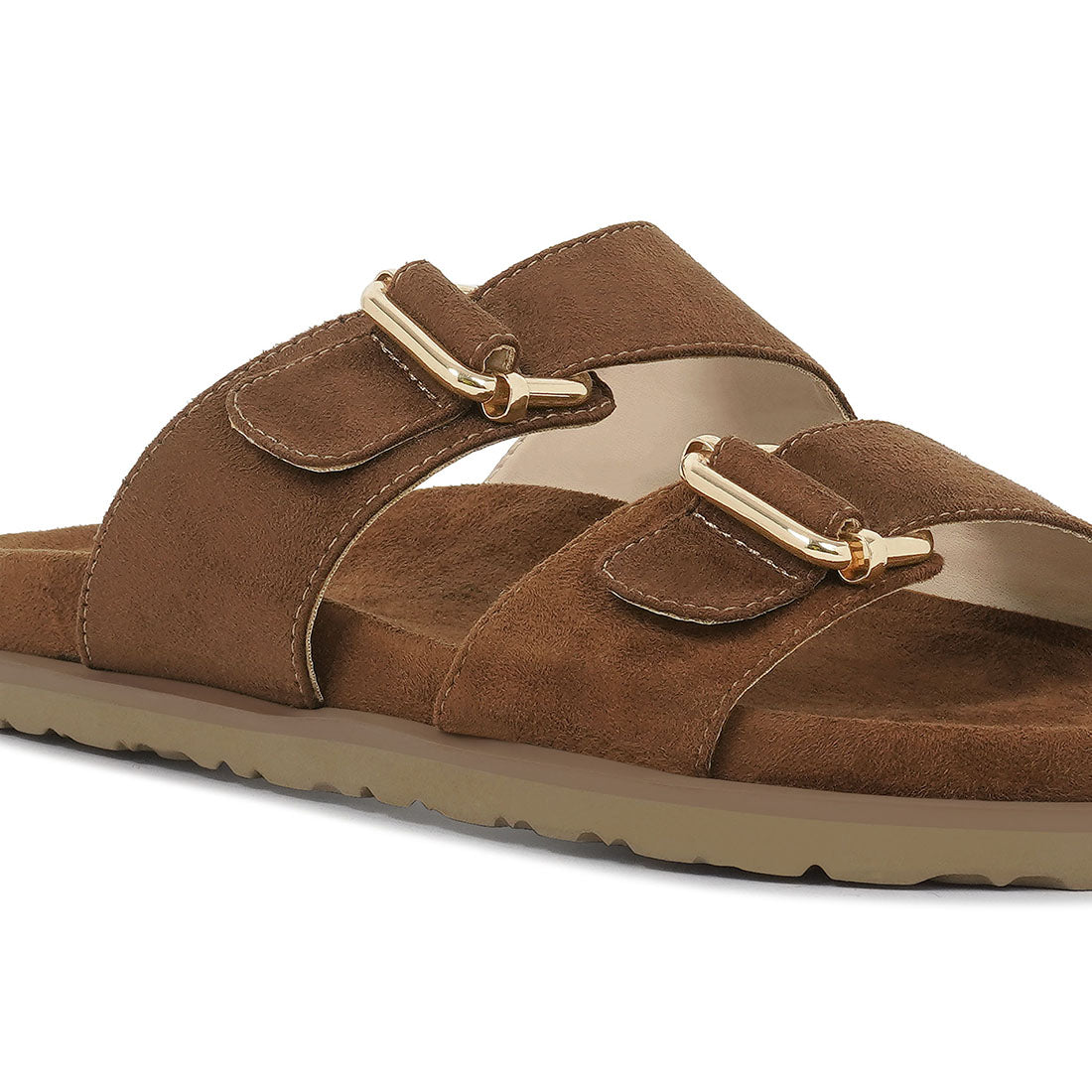 women microfiber buckle detail sandals#color_tan