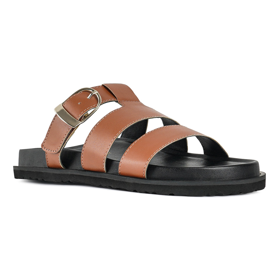 women strappy faux leather slip on flats#color_tan