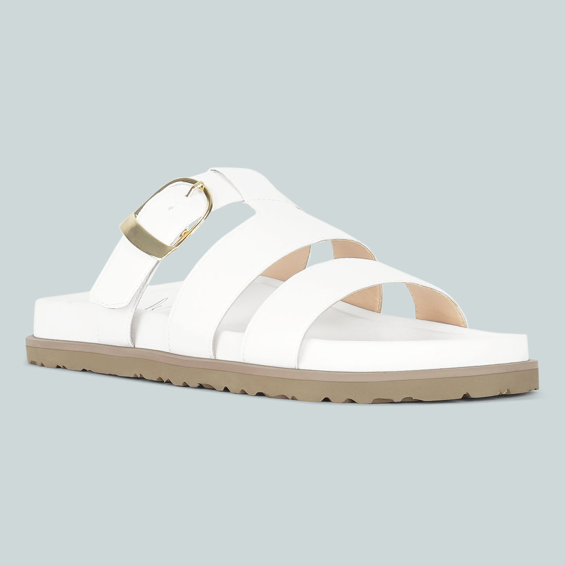 women strappy faux leather slip on flats#color_white