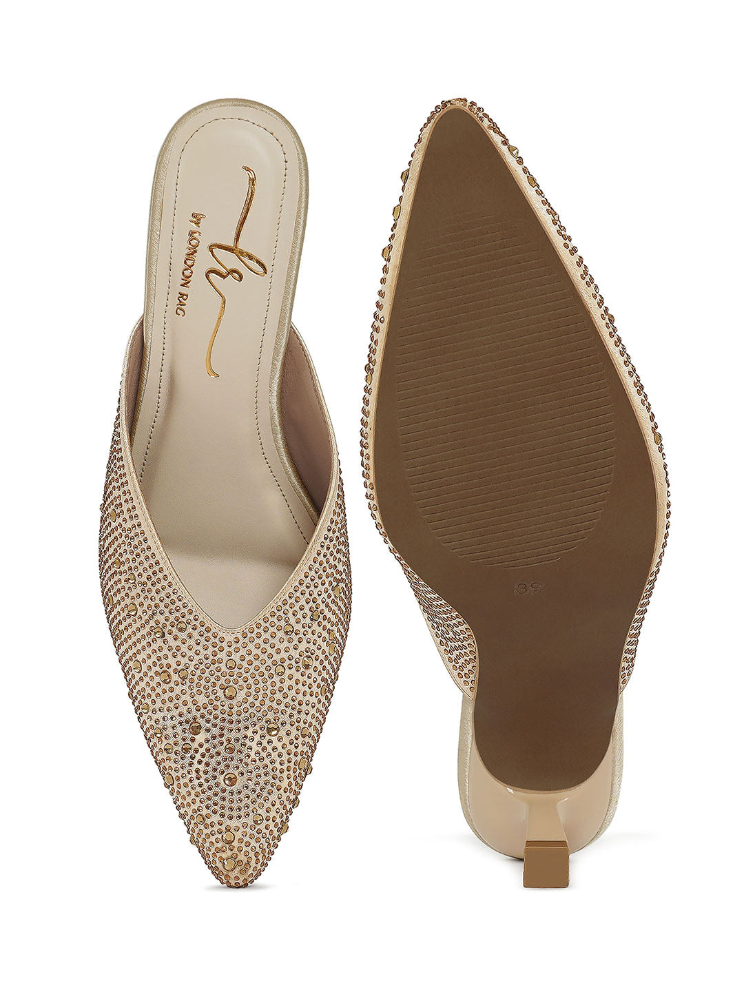 rhinestone embellished party mules#color_gold