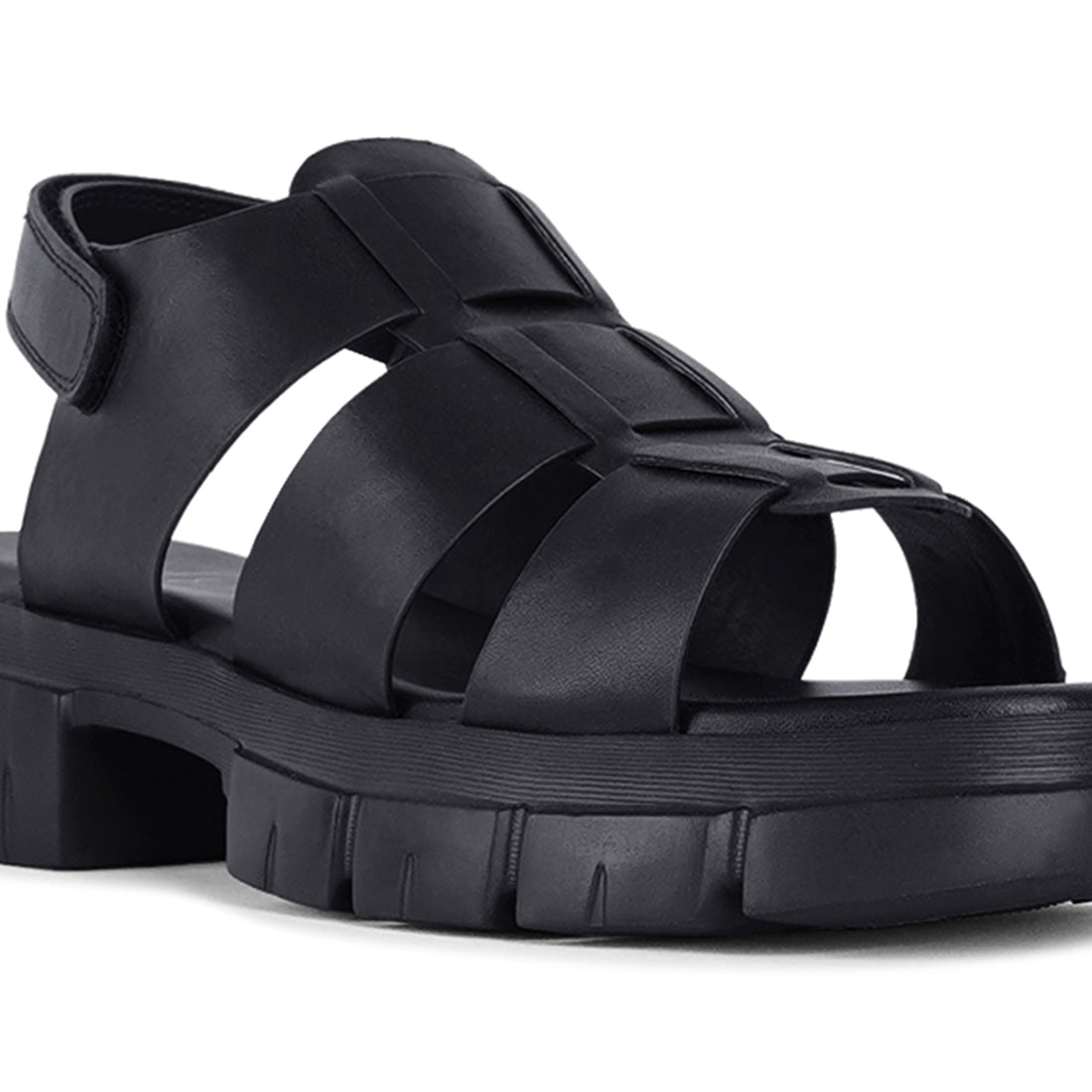 women faux leather strappy sandals#color_black