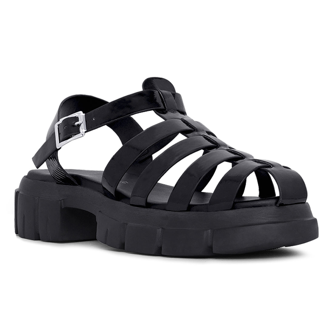 women round toe strappy flatforms#color_black