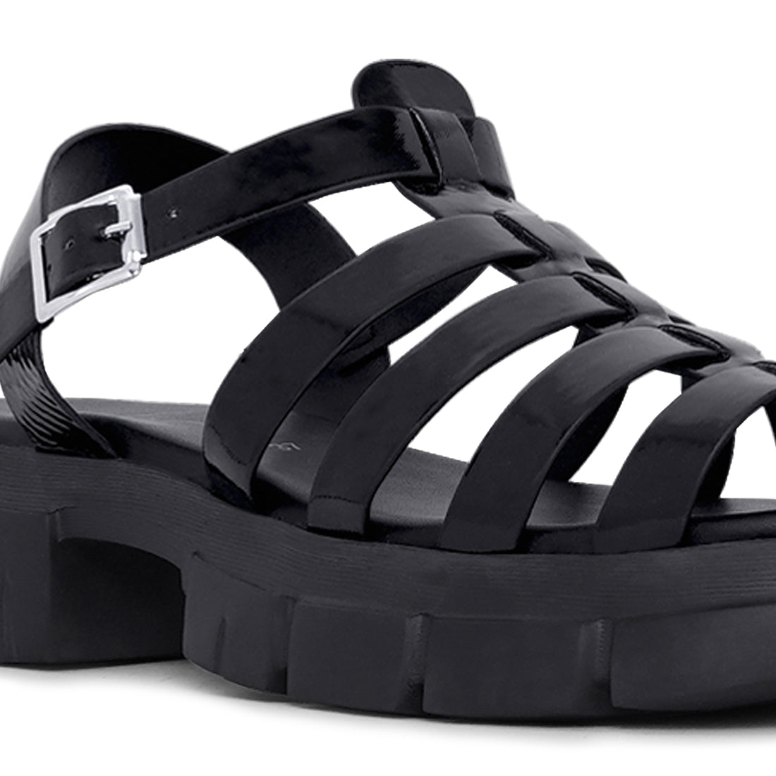 women round toe strappy flatforms#color_black