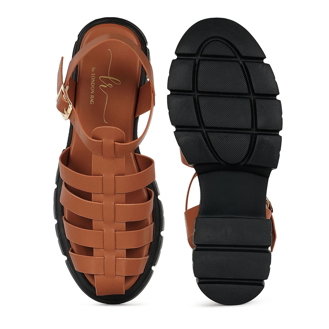 women round toe strappy flatforms#color_tan