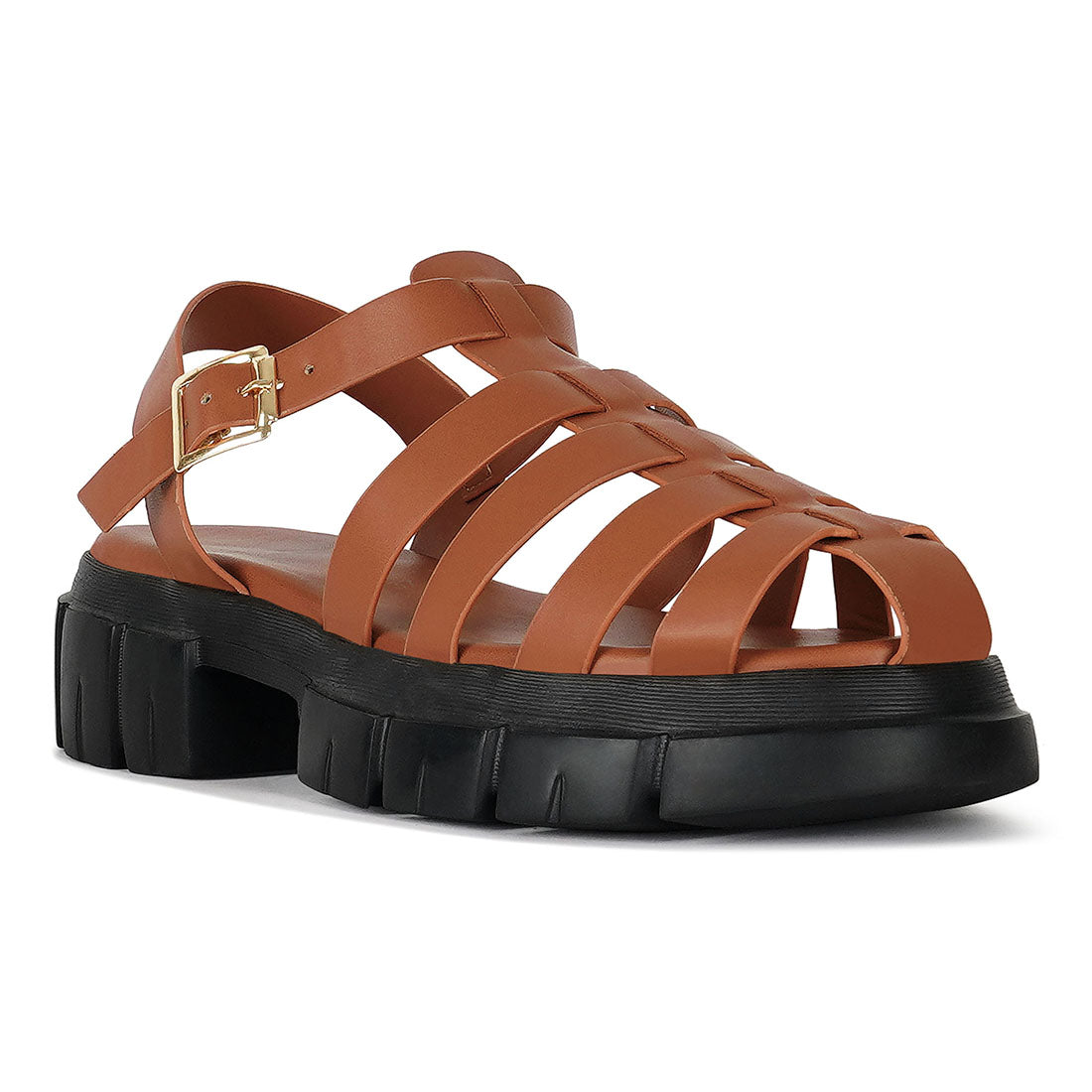 women round toe strappy flatforms#color_tan