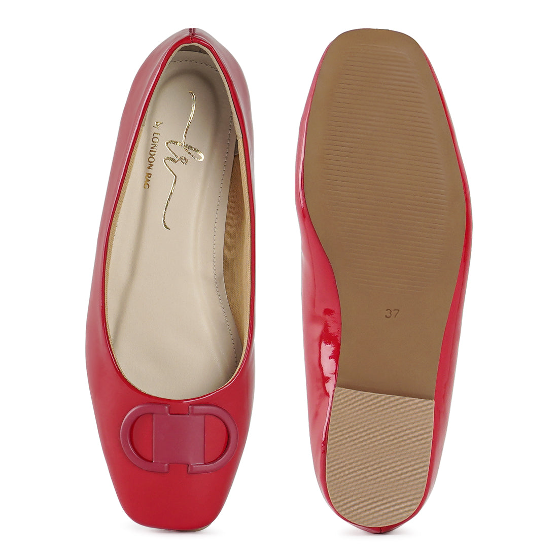 london rag women glossy faux leather horsebit ballerinas#color_red