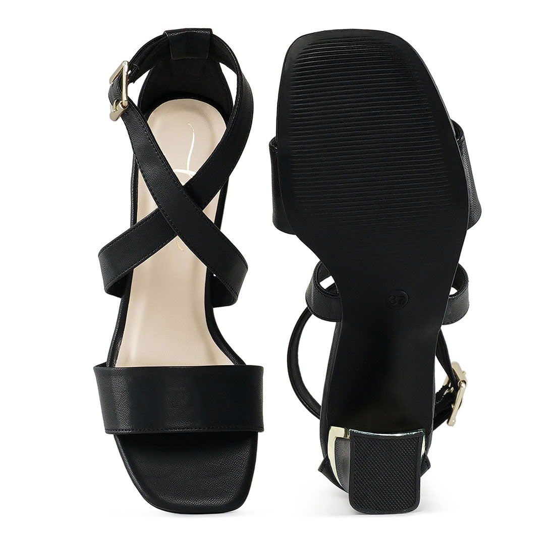 square toe strappy block heels#color_black