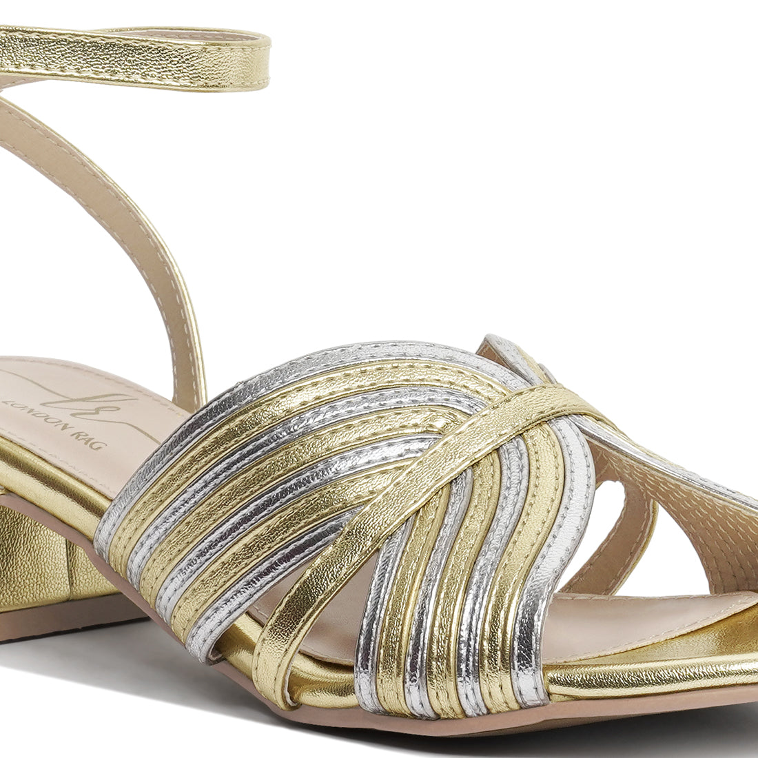 women metallic criss-cross ankle strap sandals#color_gold-silver