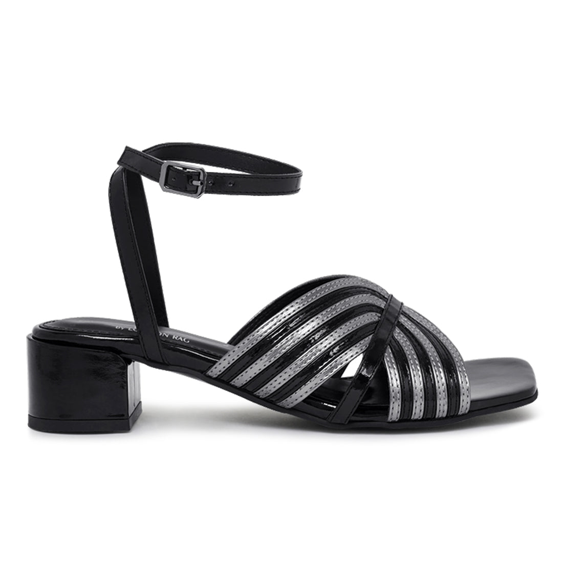 women square toe criss-cross ankle strap sandals#color_black-silver