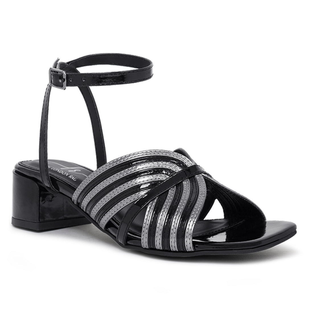 women square toe criss-cross ankle strap sandals#color_black-silver