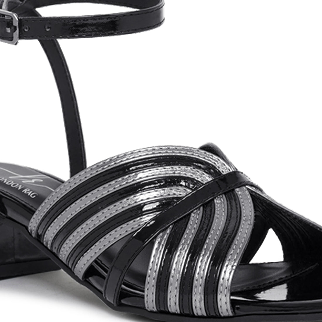 women square toe criss-cross ankle strap sandals#color_black-silver