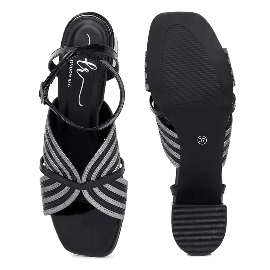 women square toe criss-cross ankle strap sandals#color_black-silver