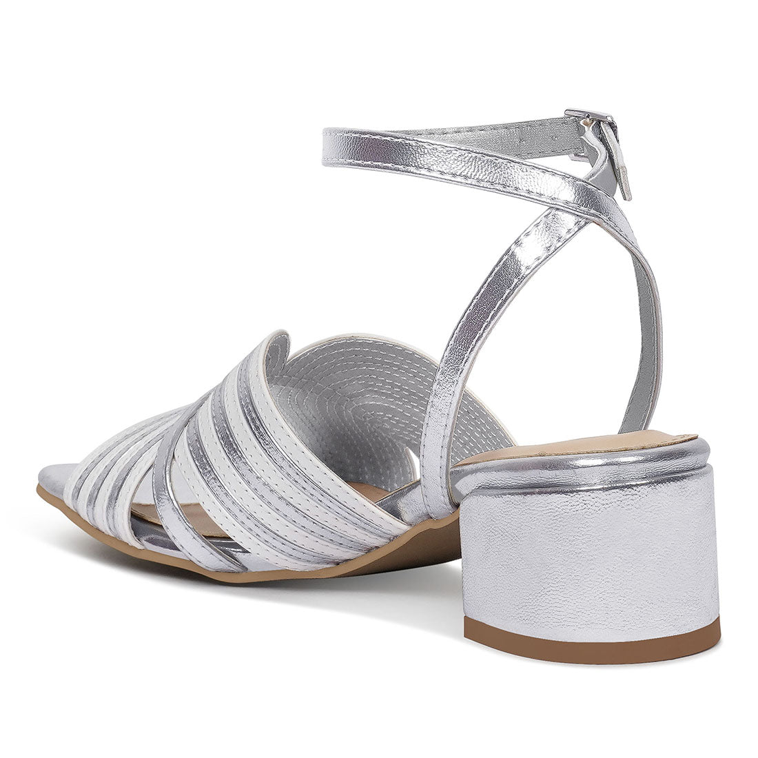 women square toe criss-cross ankle strap sandals#color_white-silver