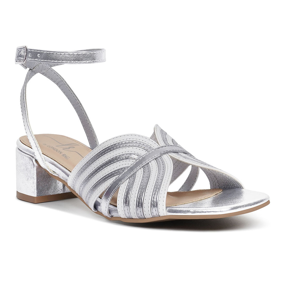 women square toe criss-cross ankle strap sandals#color_white-silver