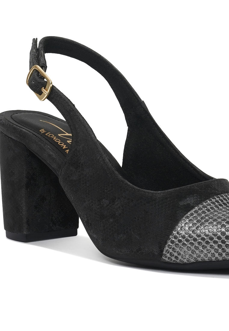 Women Pin Buckle Metallic Toe Cap Heels