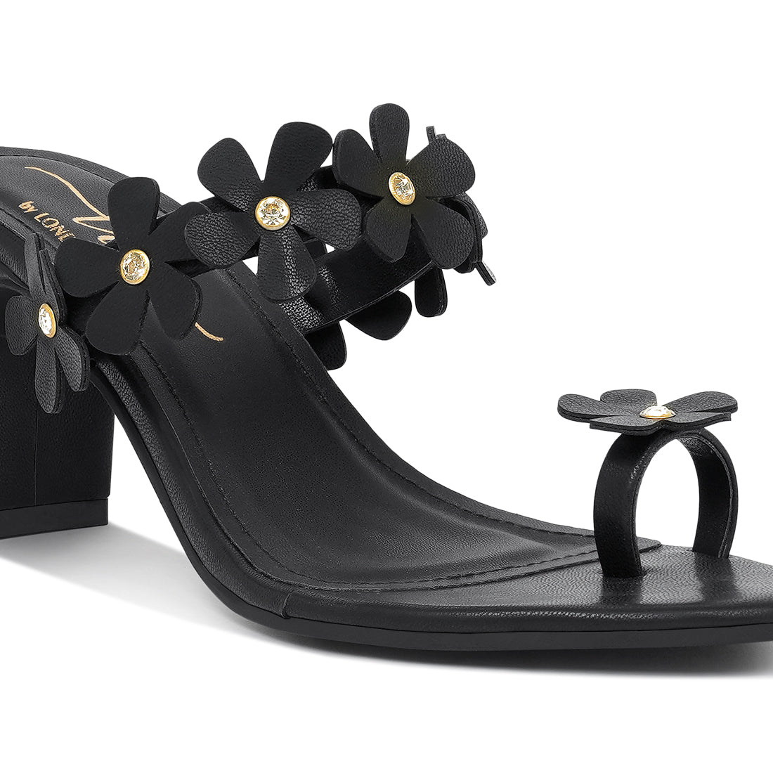 women floral applique slip-on block heels#color_black