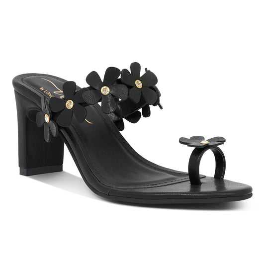 women floral applique slip-on block heels#color_black