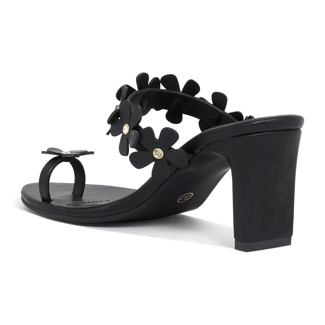 women floral applique slip-on block heels#color_black