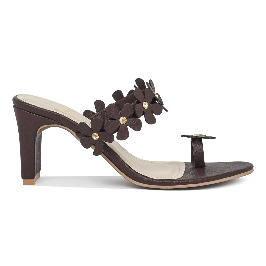 women floral applique slip-on block heels#color_coffee