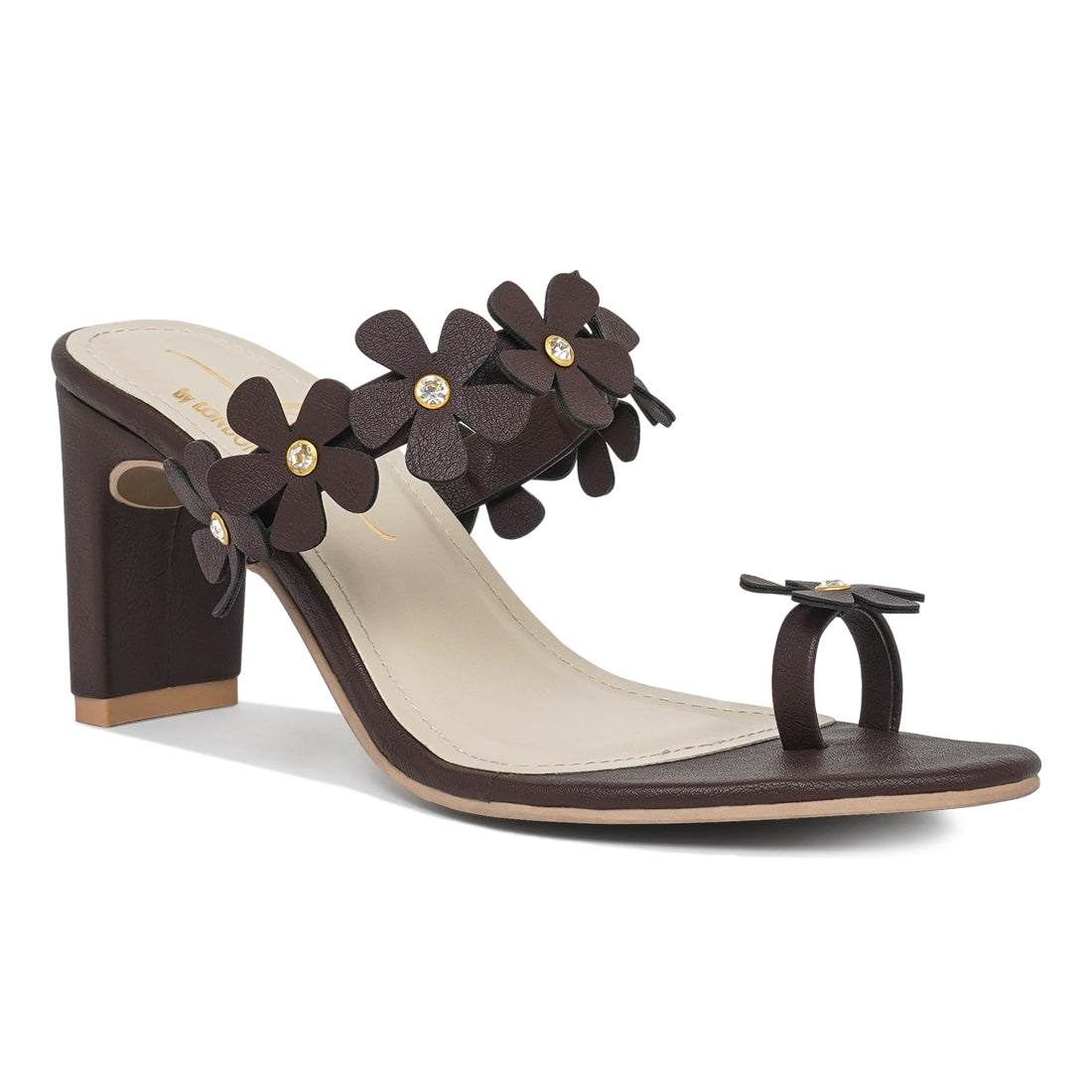 women floral applique slip-on block heels#color_coffee