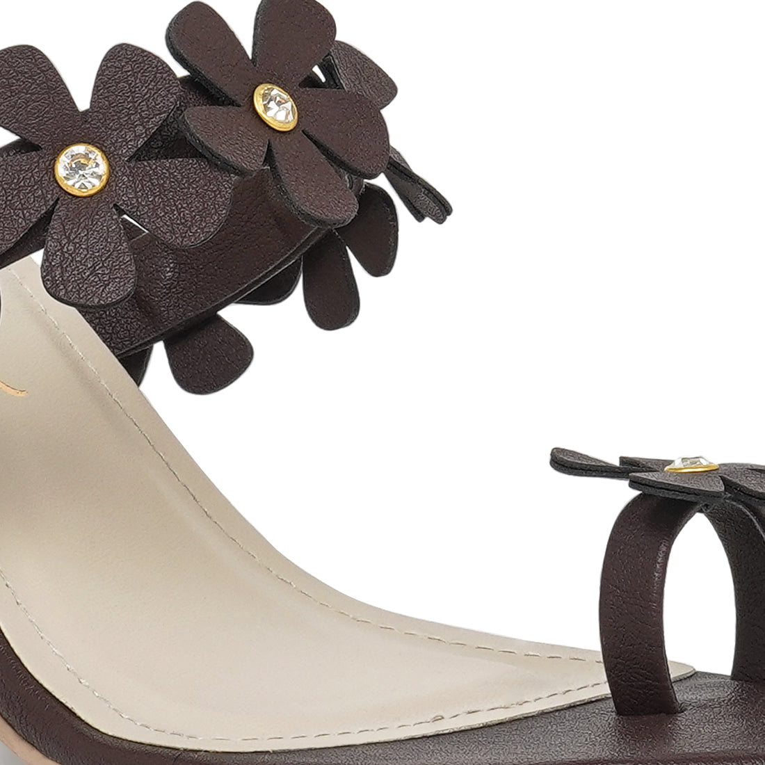 women floral applique slip-on block heels#color_coffee