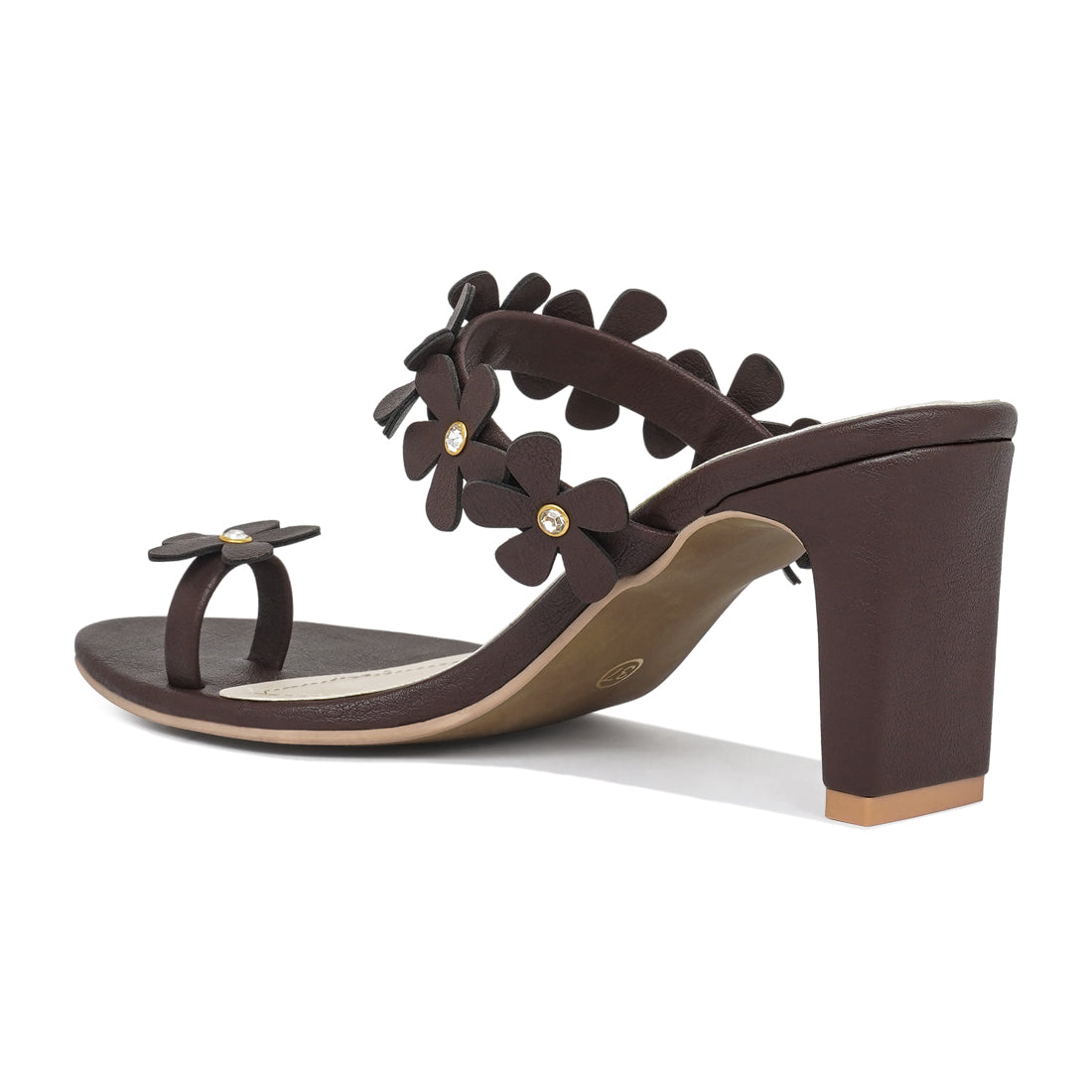 women floral applique slip-on block heels#color_coffee