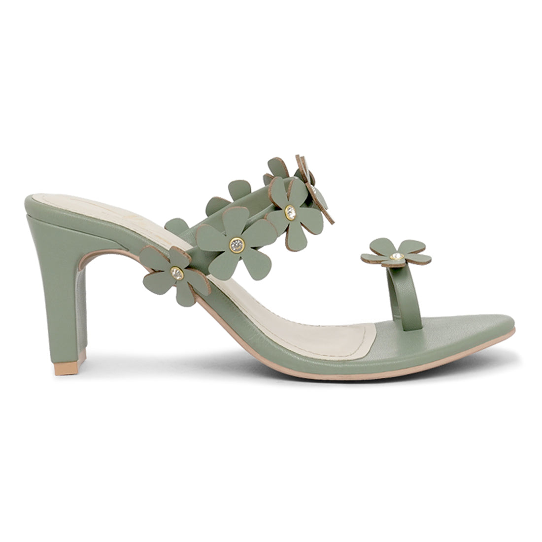 women floral applique slip-on block heels#color_olive-green