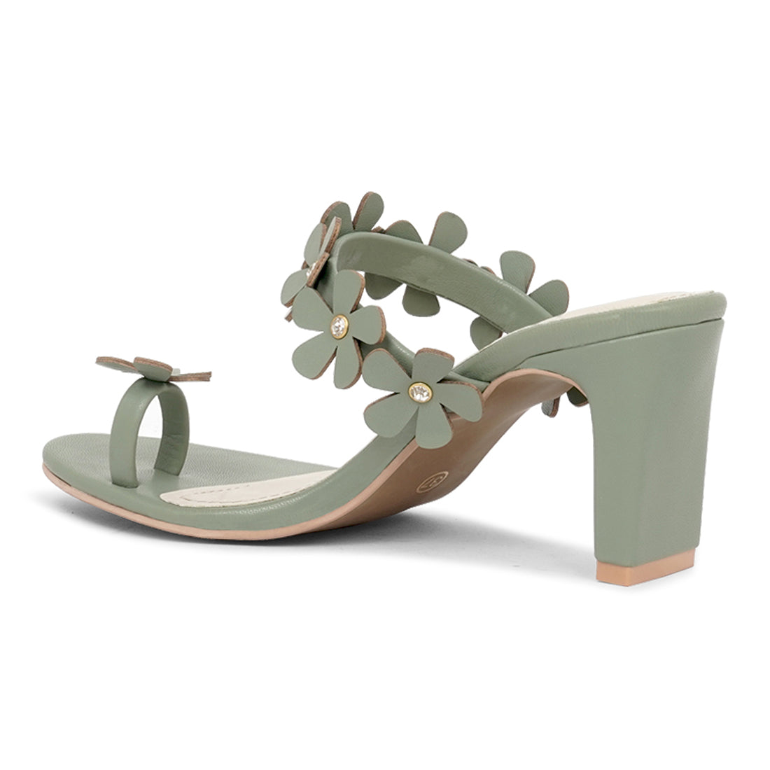 women floral applique slip-on block heels#color_olive-green