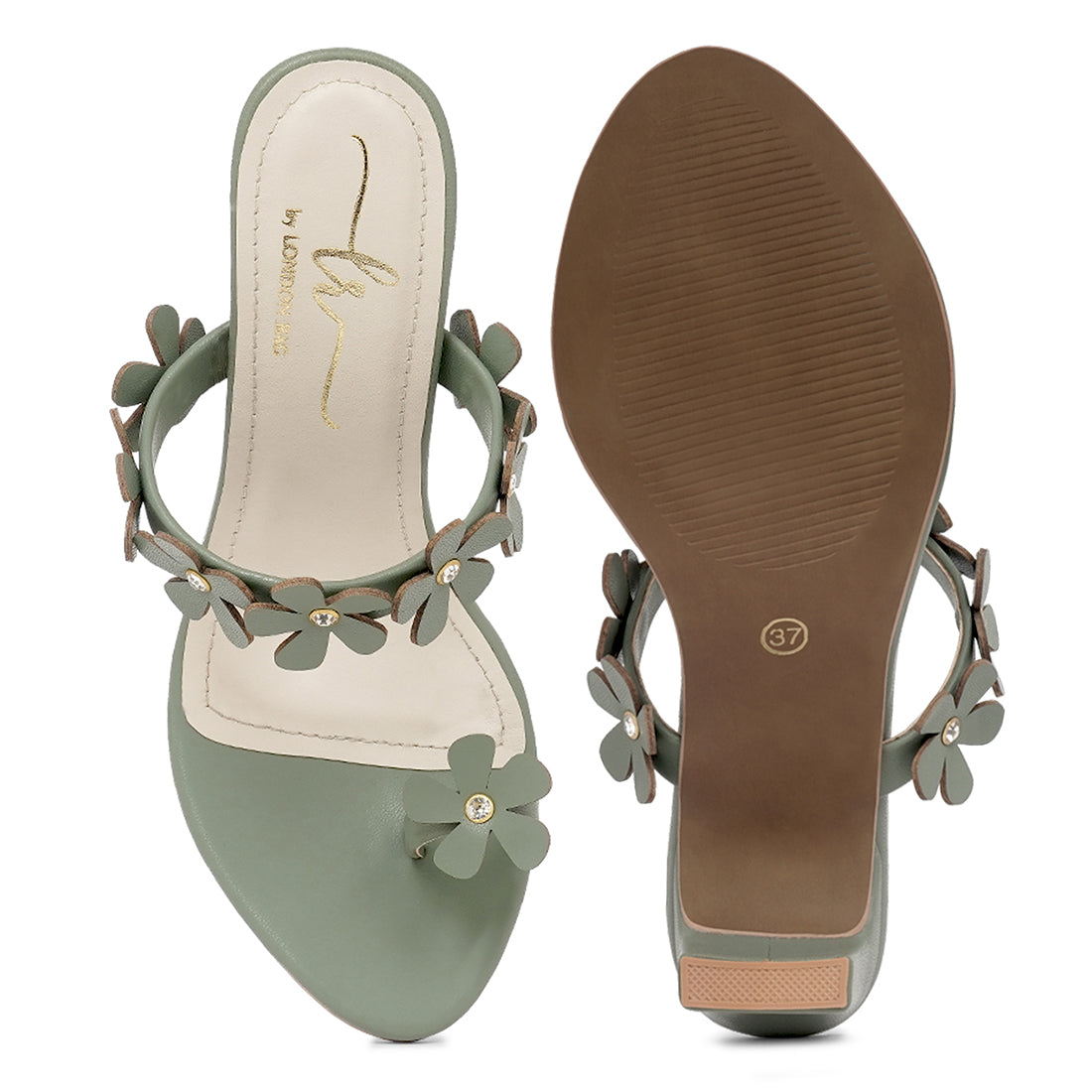 women floral applique slip-on block heels#color_olive-green