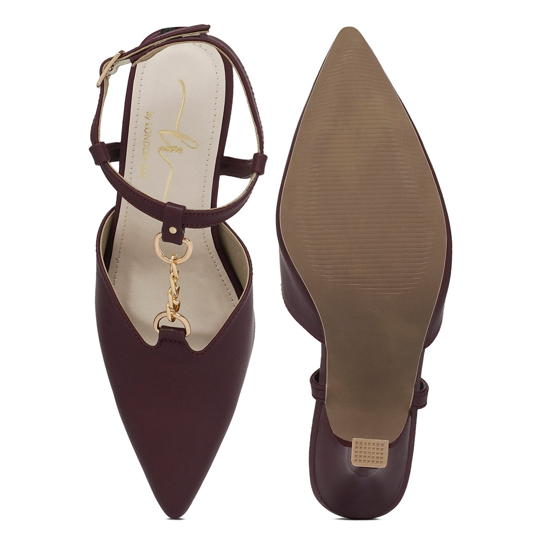 women metallic chain t strap sandals#color_burgundy